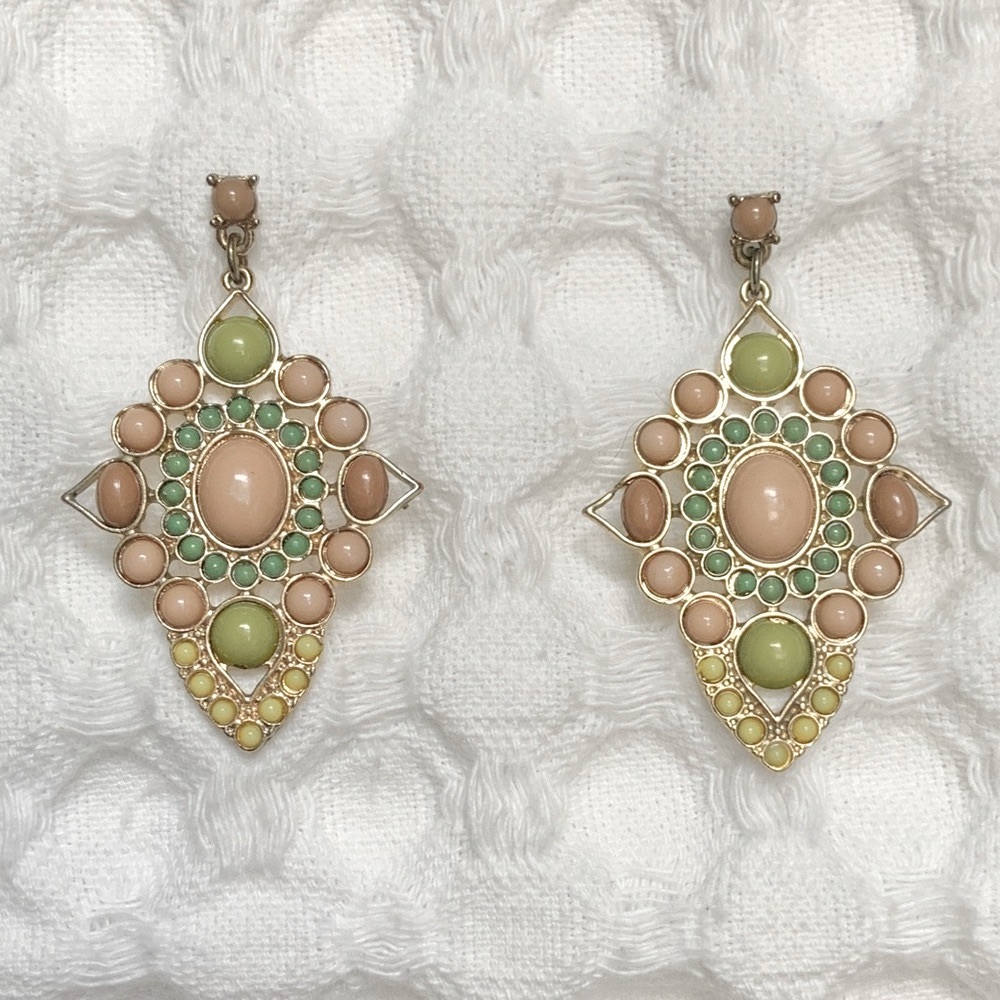 Pretty Drop Earrings of Corals Peach Chartreuse Greens & Yellow on Gold Base